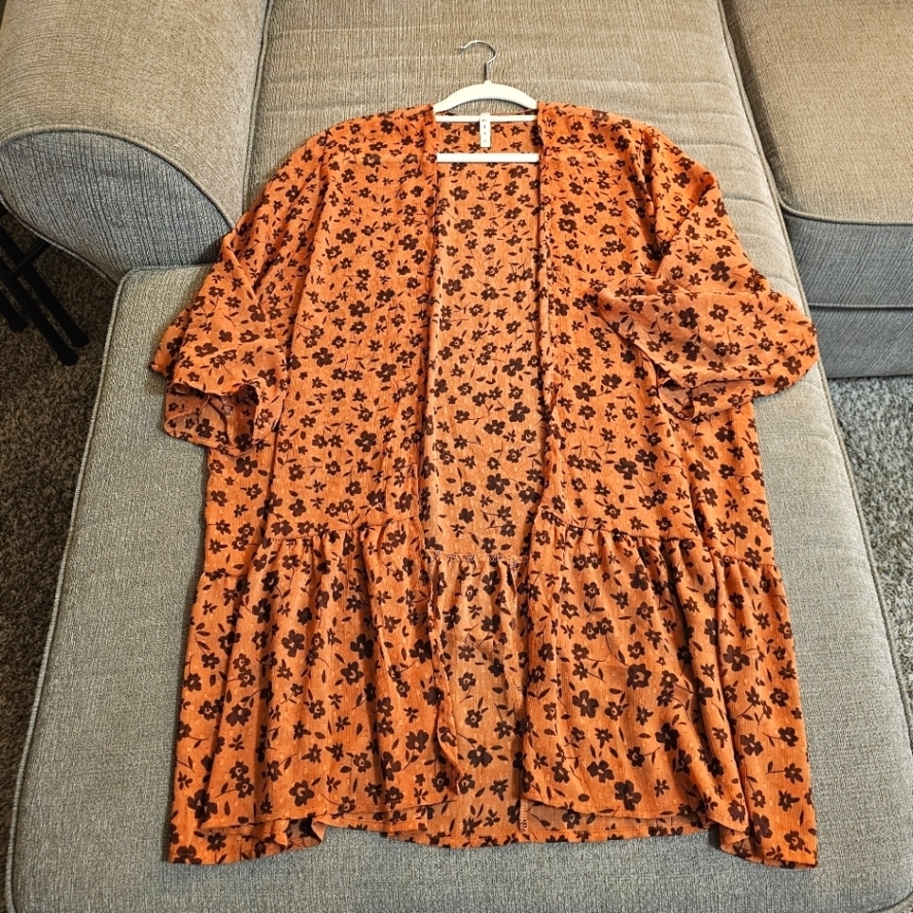 MTS Brown Orange Floral Sheer Casual Boho Open Kimono Cardigan Size Medium